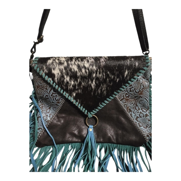 NWT Myra Effervescence Leather And Hair-On Tooled Turquoise Shoulder Bag - Picture 2 of 16